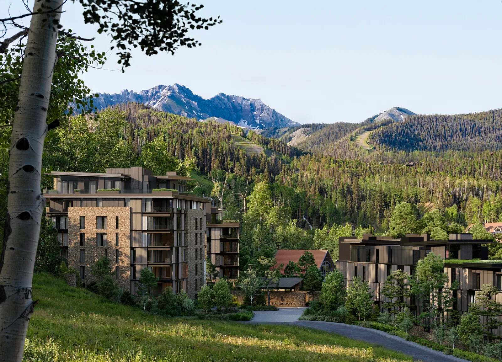 Four Seasons Telluride hotel exterior in summer — architectural rendering