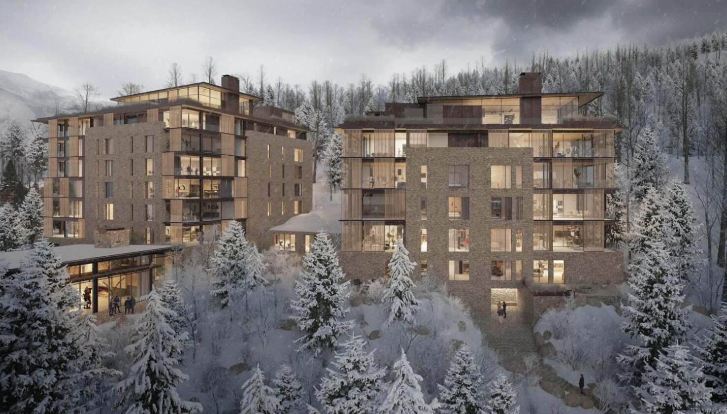 Four Seasons Telluride hotel exterior in winter — architectural rendering, Mountain Village