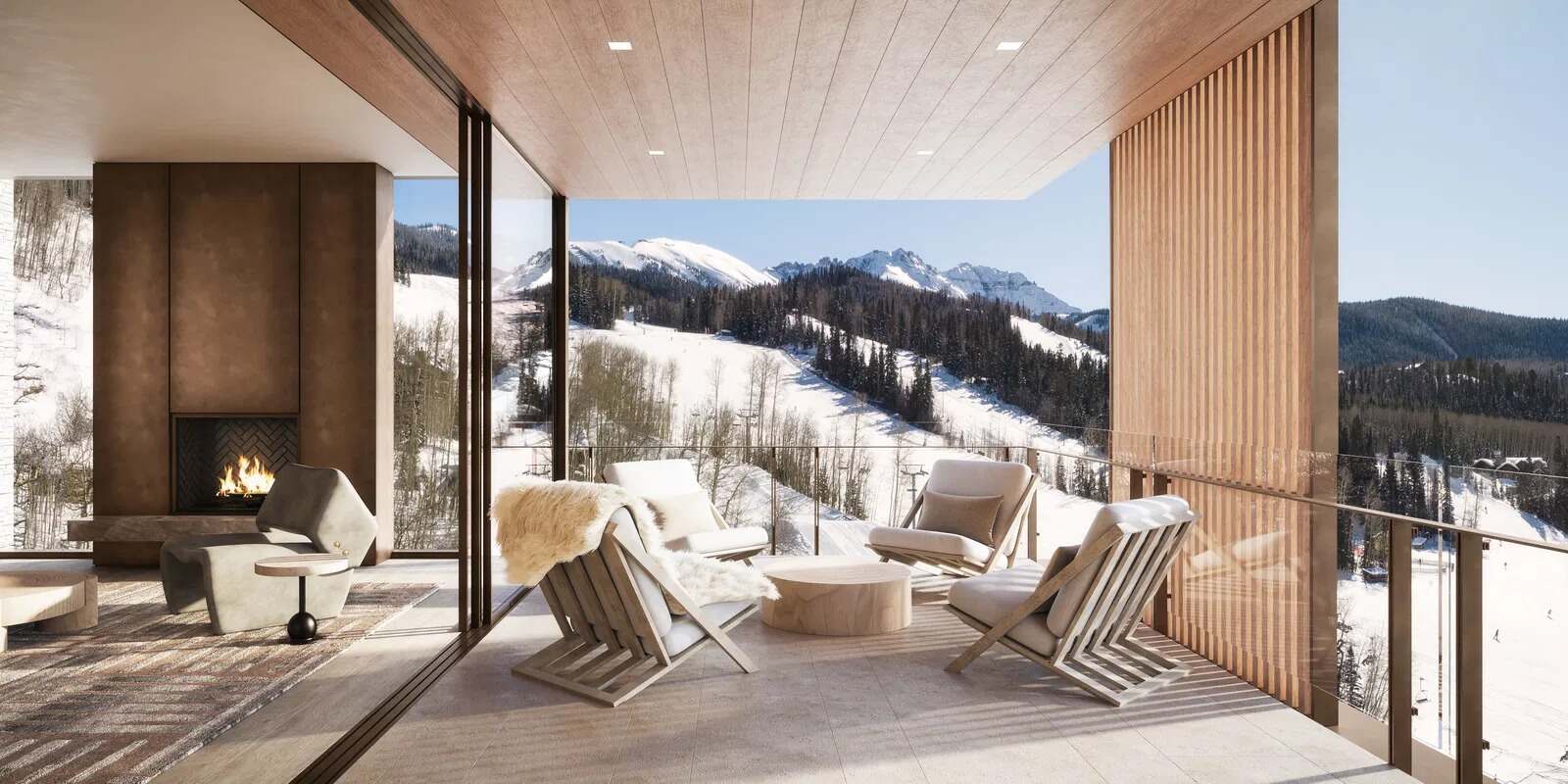 Four Seasons Telluride terrace with outdoor fireplace — architectural rendering